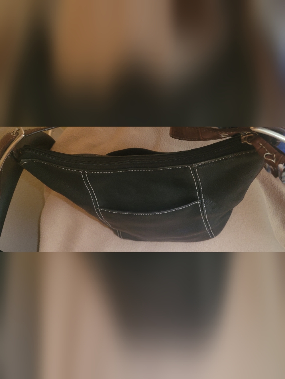 Women's Black Leather Shoulder Bag with Brown Strap and Silver Buckle